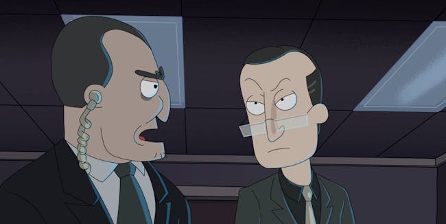 Peter Serafinowicz voices the villainous leader of the compound Pickle Rick accidentally invades.