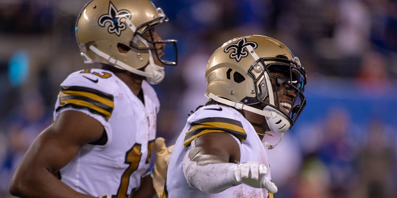 p.p1 {margin: 0.0px 0.0px 0.0px 0.0px; font: 18.0px Georgia} East Rutherford, New Jersey, US - New Orleans Saints running back ALVIN KAMARA (41) celebrates a touchdown during a regular season game at MetLife Stadium in East Rutherford, NJ. New Orleans Saints defeat the New York Giants 33 to 18