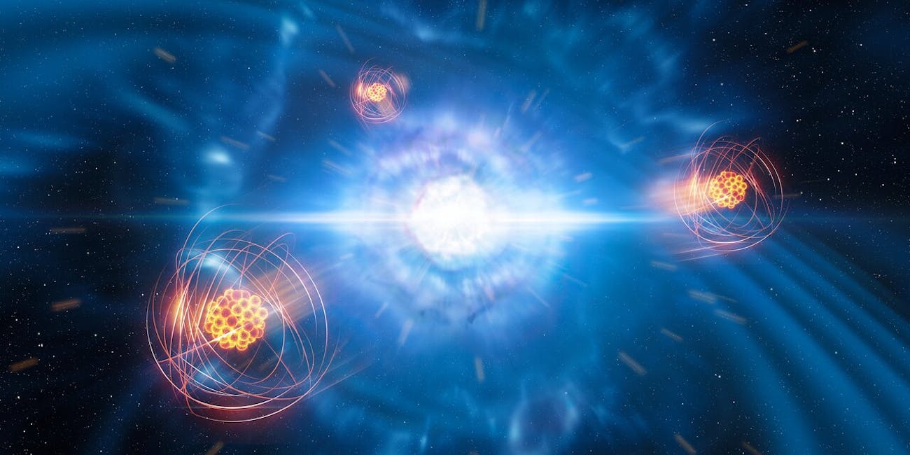An artist's illustration of Strontium being emitted
from the aftermath of a neutron star collision