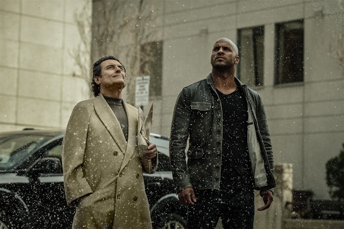 Ian McShane as Wednesday and Ricky Whittle as Shadow in Starz's adaptation of Neil Gaiman's 'American Gods'