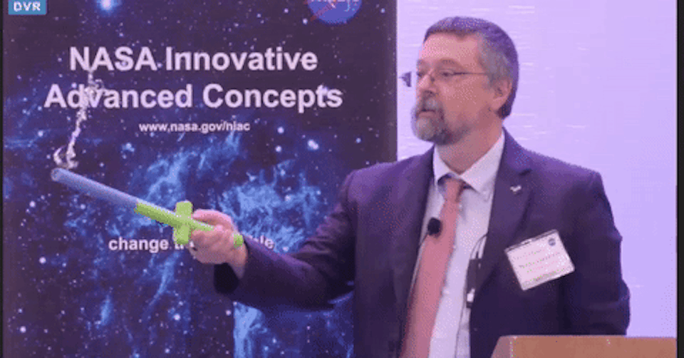 In a cute proof of concept demonstration, Marco Quadrelli floated a balloon over an electrostatic charge for the NASA audience.
