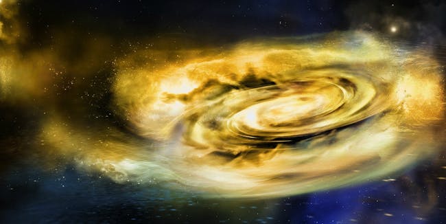 A rendition of space winds creating an accretion disk of hot matter around a black hole.