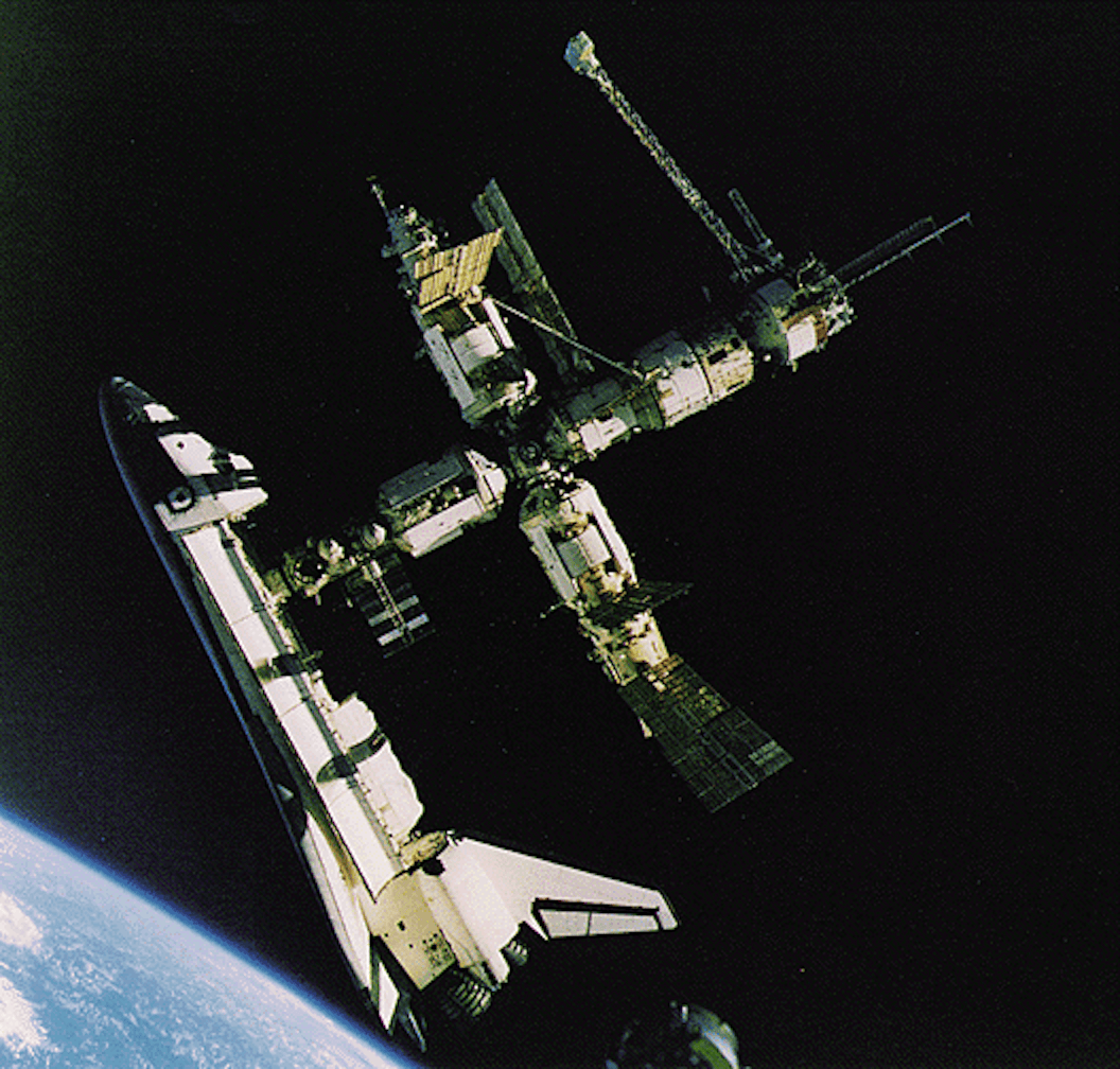 Space Shuttle Atlantis docking to Mir. 