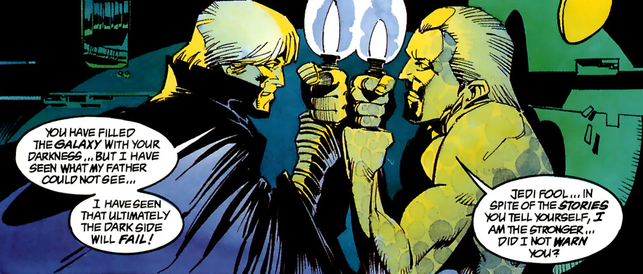 Luke fights clone Palpatine in 'Dark Empire' (1991) Art by: Cam Kennedy