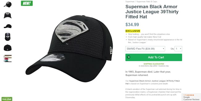 A screenshot of the black Superman hat from SuperHeroStuff -- 'Justice League'