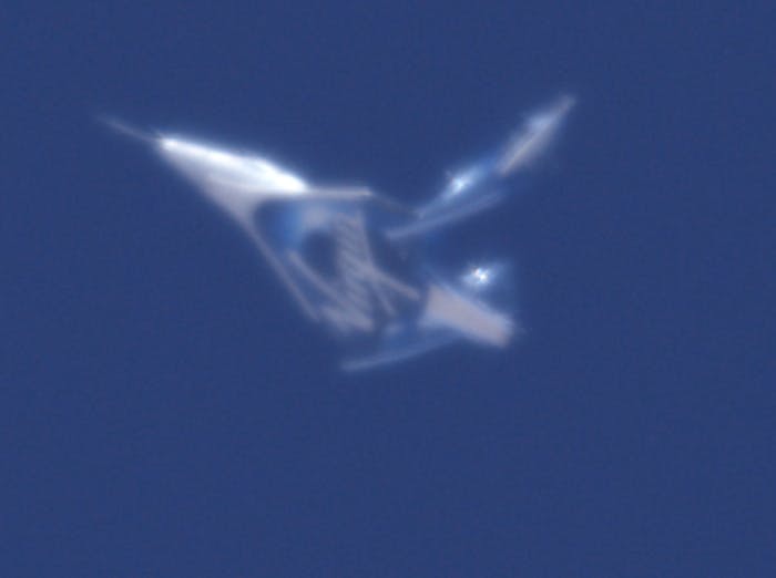 An image of the VSS Unity flying in the 'feather' configuration.