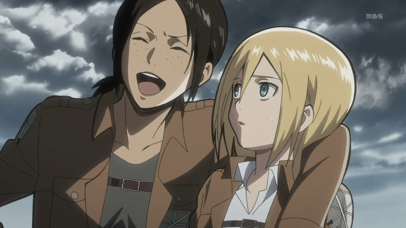 Ymir flirting with Christa in a tense moment from Season 1.
