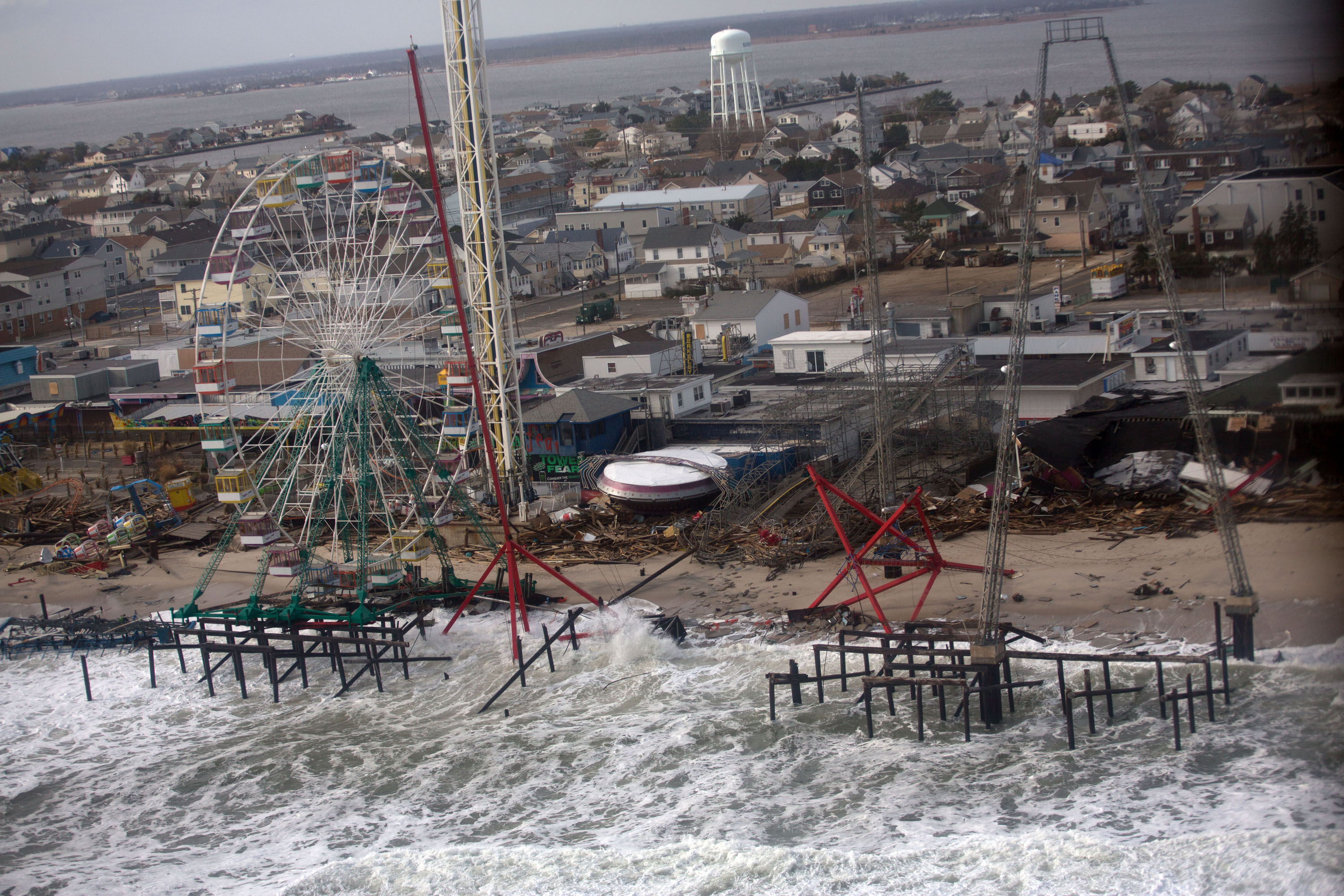 A New Jersey beach after Hurricane Sandy, high tide flood