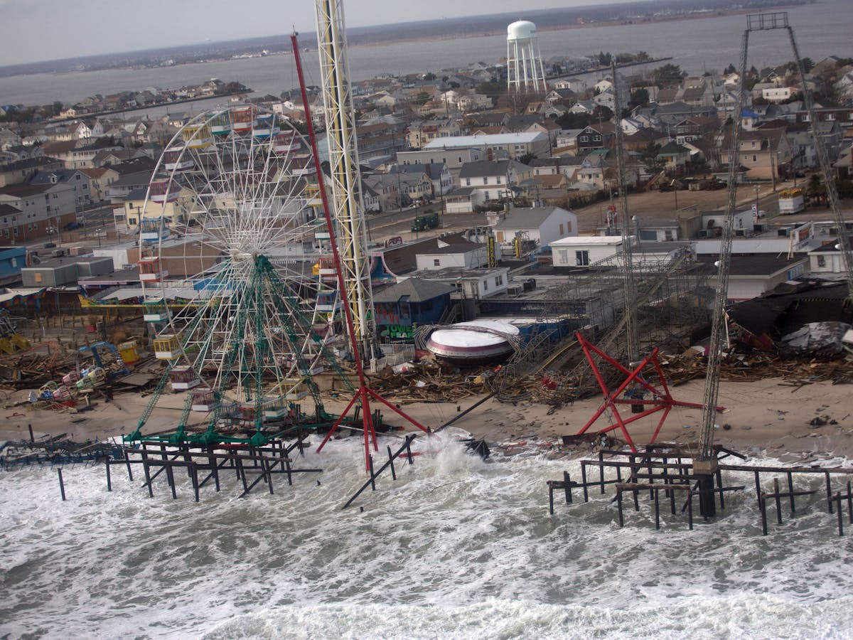 A New Jersey beach after Hurricane Sandy, high tide flood