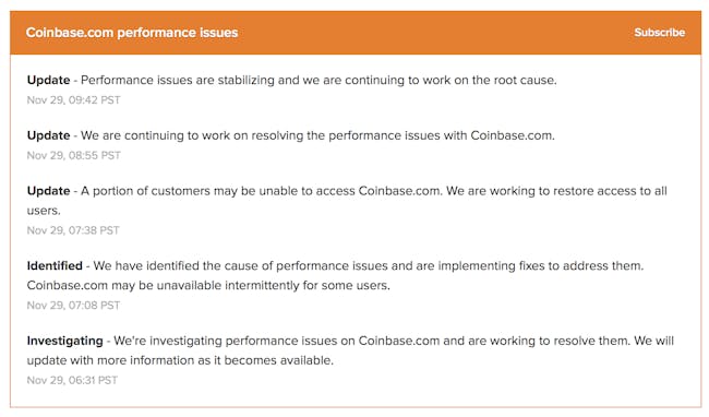 Coinbase's status updates.