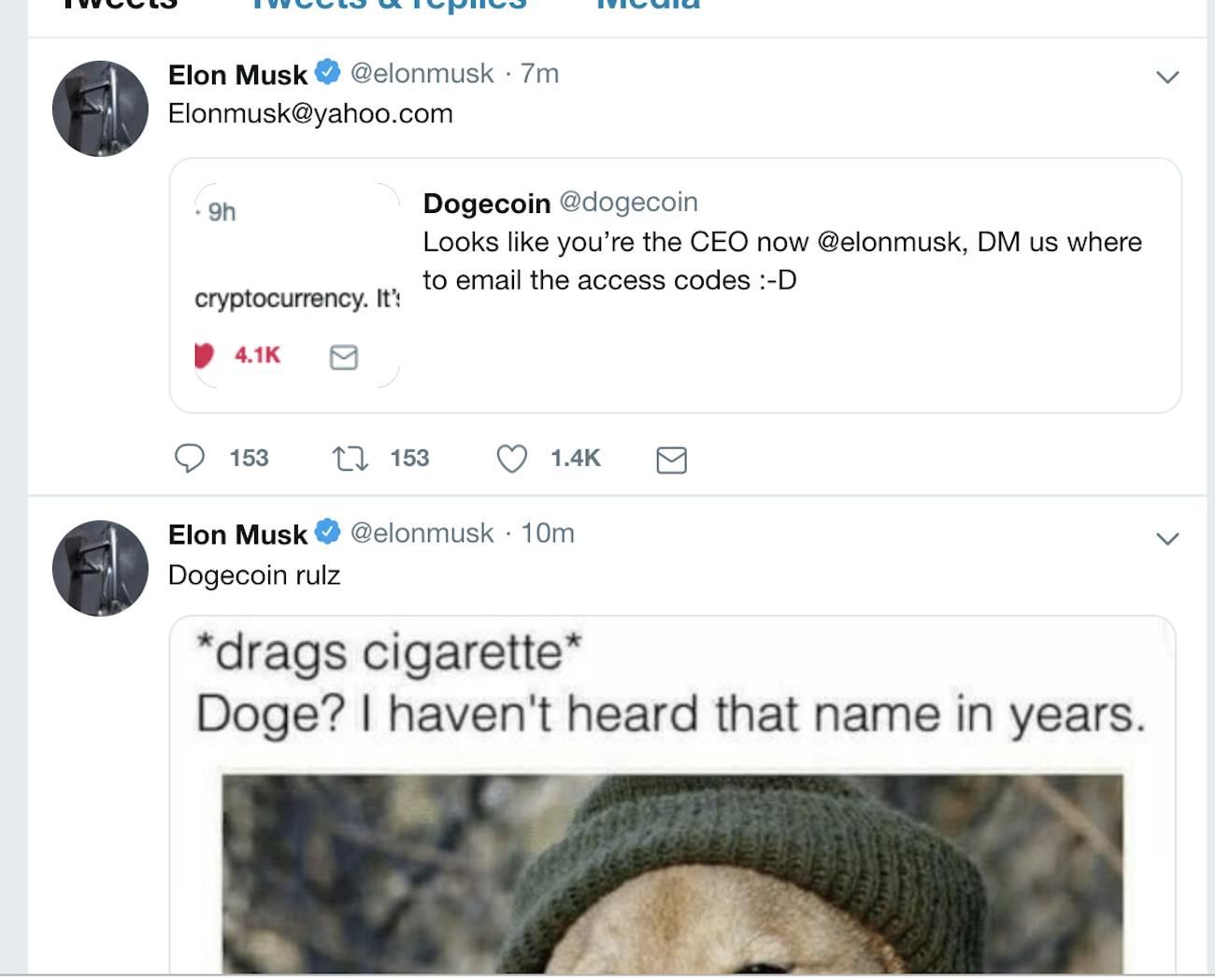 elon musk first tweet about dogecoin