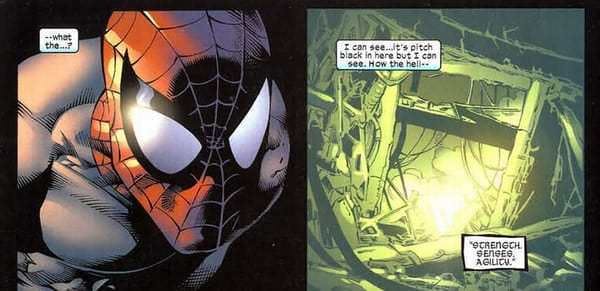 Peter Parker gains the ability to see in the dark.