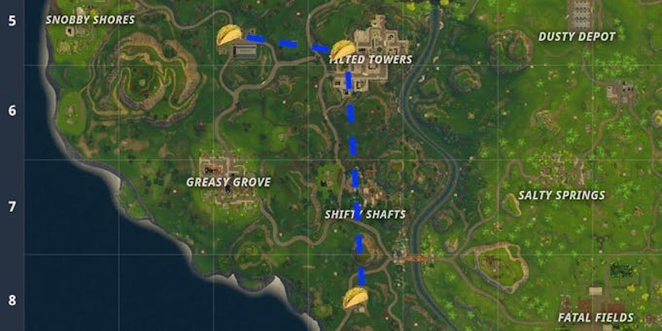 this is the most efficient route to try finishing the challenge to visit taco shops in - taco shops fortnite