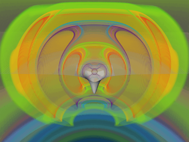 A concept drawing of a gravitational-wave emission from a collapsing star.