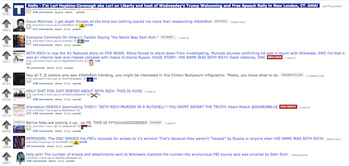 Reddit's /r/the_donald frontpage goes hard on the Seth Rich conspiracy.