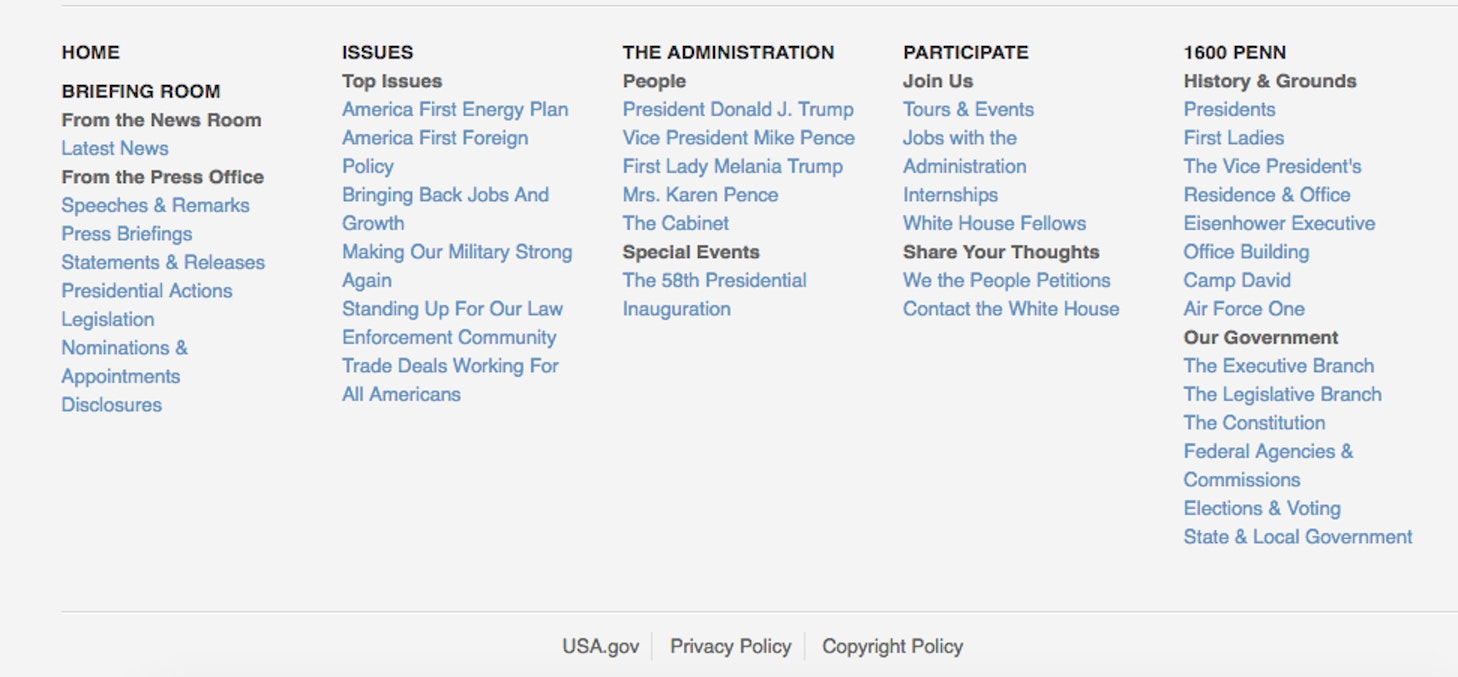 The sitemap for the Trump White House on Friday.