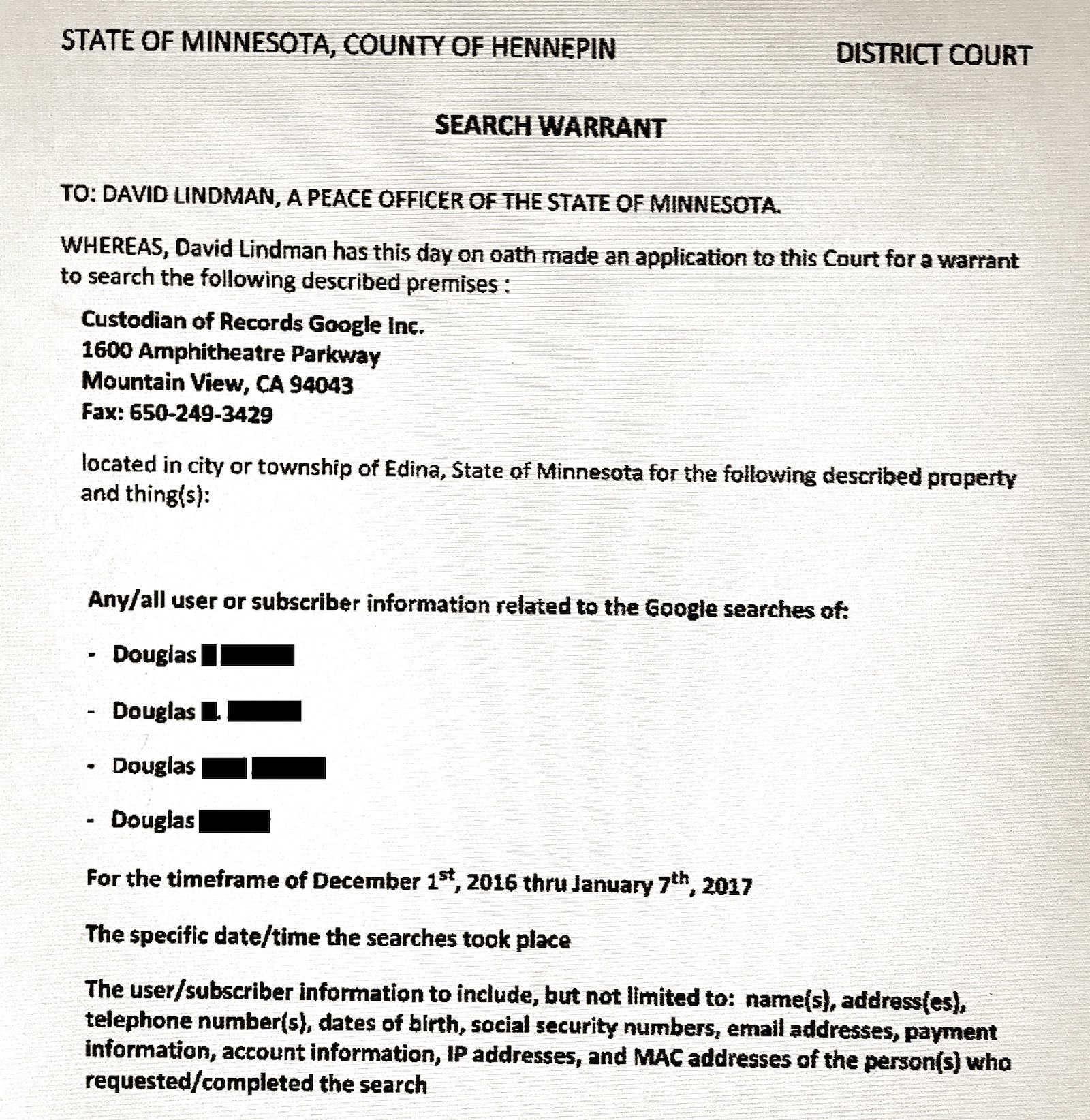 warrant minnesota google search judge entire says city
