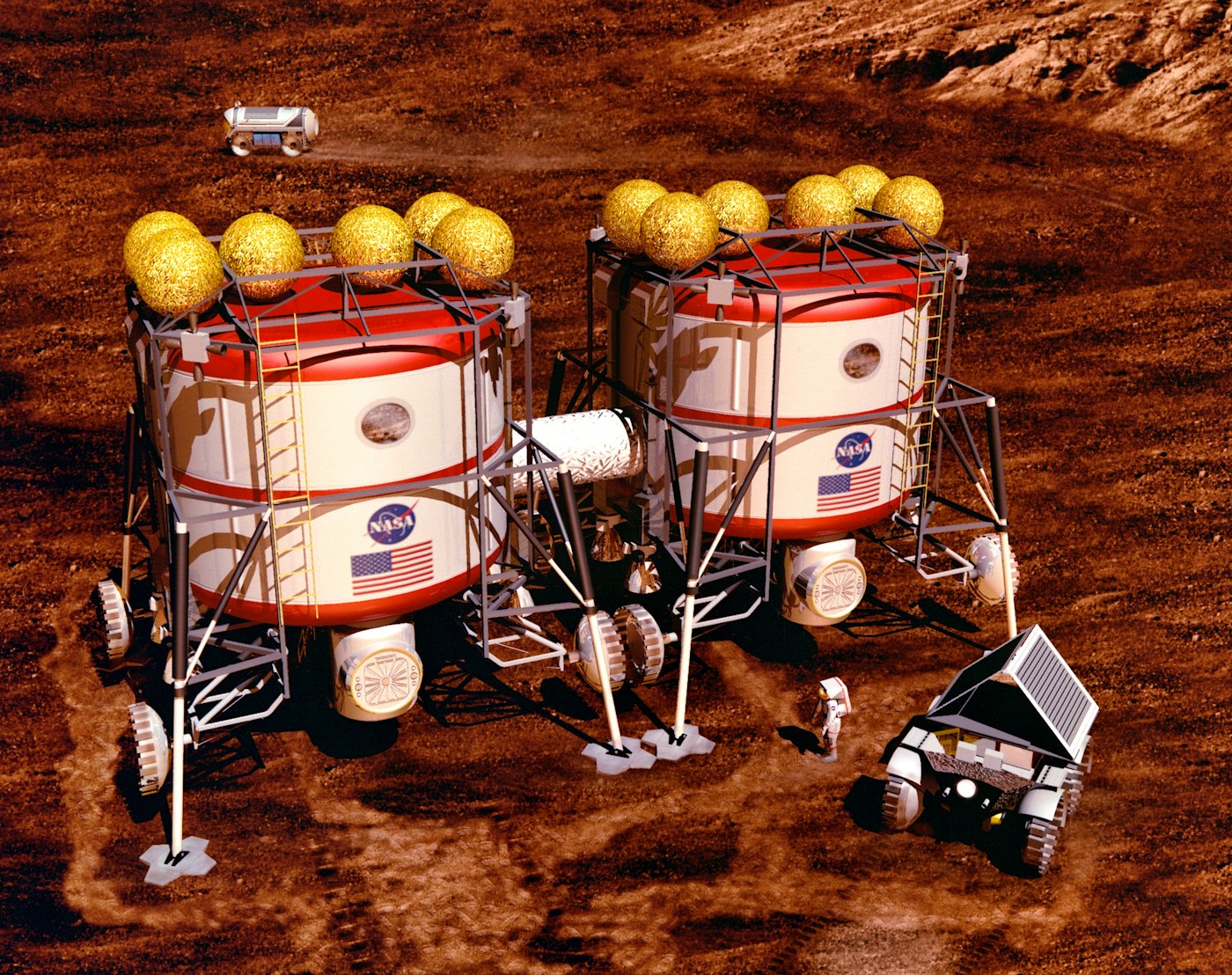 Artist's rendering of Mars Semi-Direct/DRA 1.0: The Manned Habitat Unit is “docked” alongside a pre placed habitat that was sent ahead of the Earth Return Vehicle.