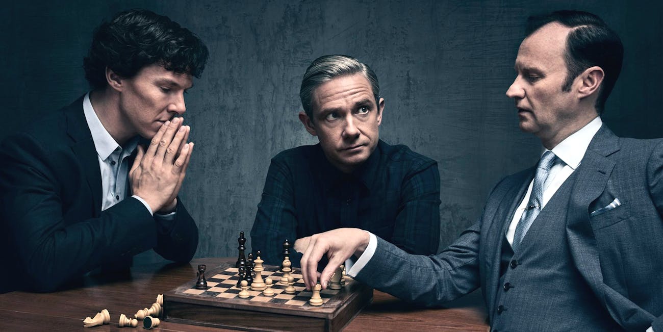Bennedict Cumberbatch, Martin Freeman, and Mark Gatiss in 'Sherlock'