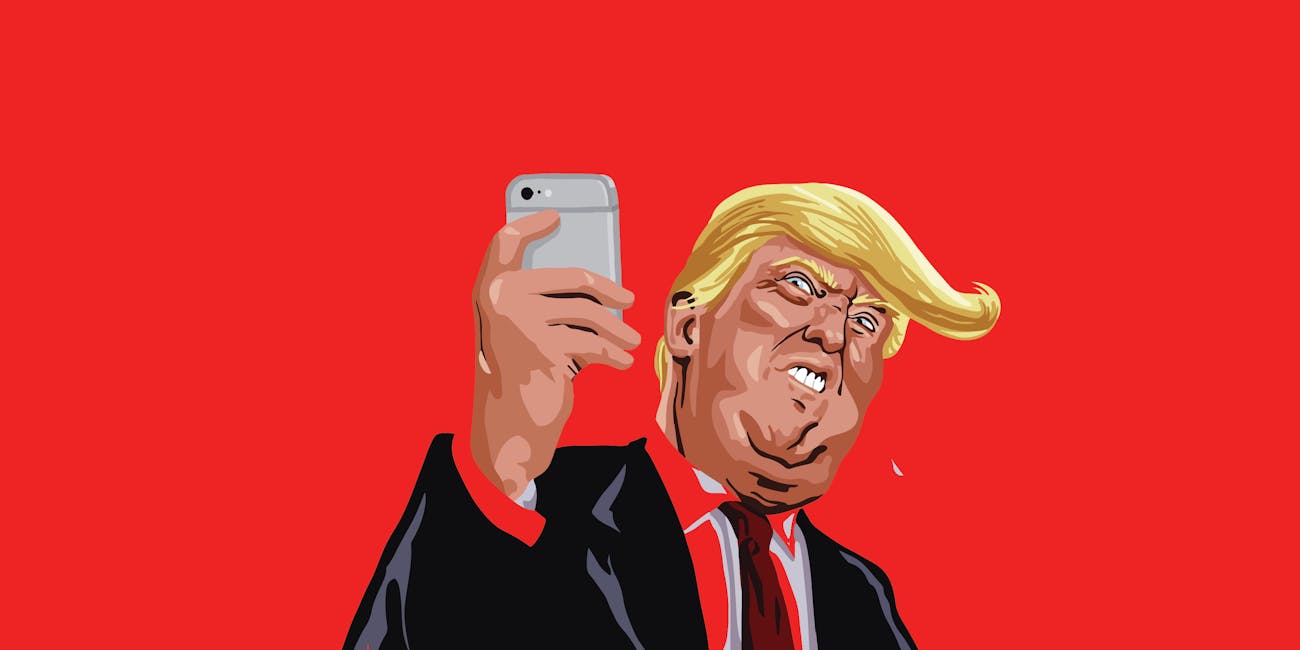 An illustration of Donald Trump holding a phone.