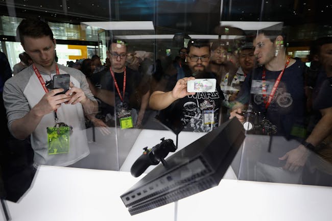The Xbox One X is displayed during the Electronic Entertainment Expo E3 at the Los Angeles Convention Center on June 13, 2017 in Los Angeles.