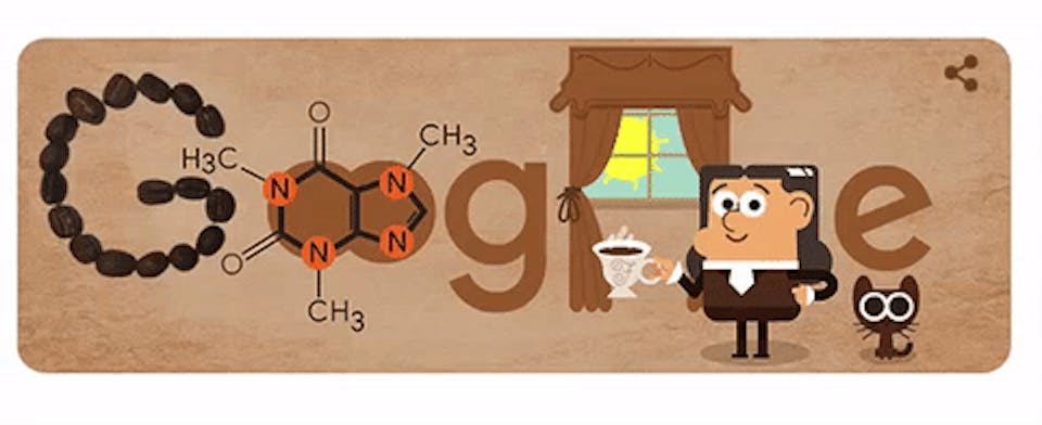 The Google Doodle shows a cartoon of Runge getting a good caffeine buzz going.