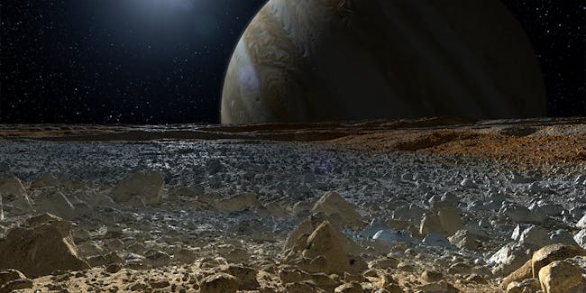 A view of Jupiter from Europa's icy surface.