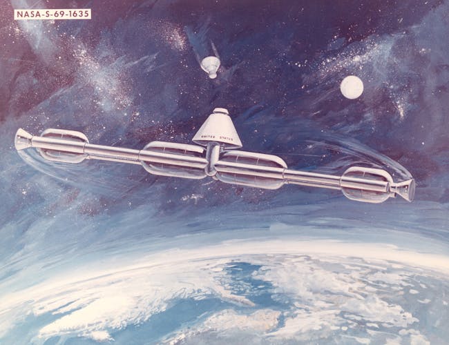 A 1969 station concept, to be assembled on-orbit from spent Apollo program stages.The station was to rotate on its central-axis to produce artificial gravity. The majority of early space station concepts created artificial gravity one way or another in order to simulate a more natural or familiar environment for the health of the astronauts.