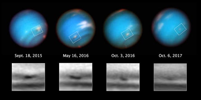 This series of Hubble Space Telescope images taken over two years tracks the demise of a giant dark vortex on the planet Neptune. The oval-shaped spot has shrunk from 3,100 miles across its long axis to 2,300 miles across, over the Hubble observation period.