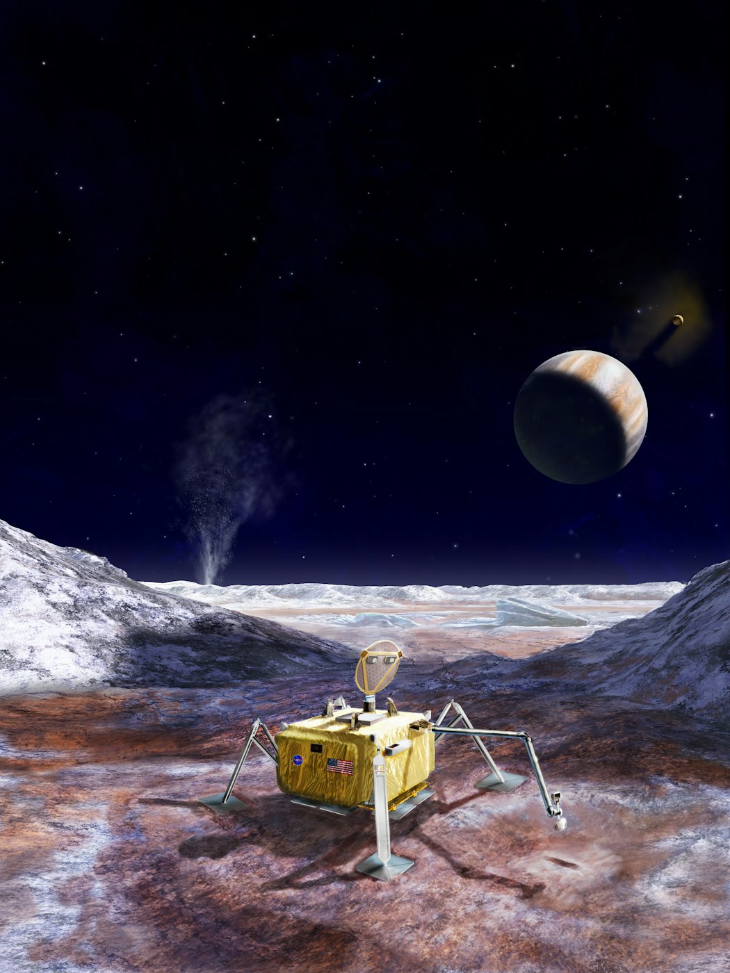 An artist's rendering shows the design for a possible future landing mission to Europa. The lander features a sampling arm to collect samples from the moon's surface.