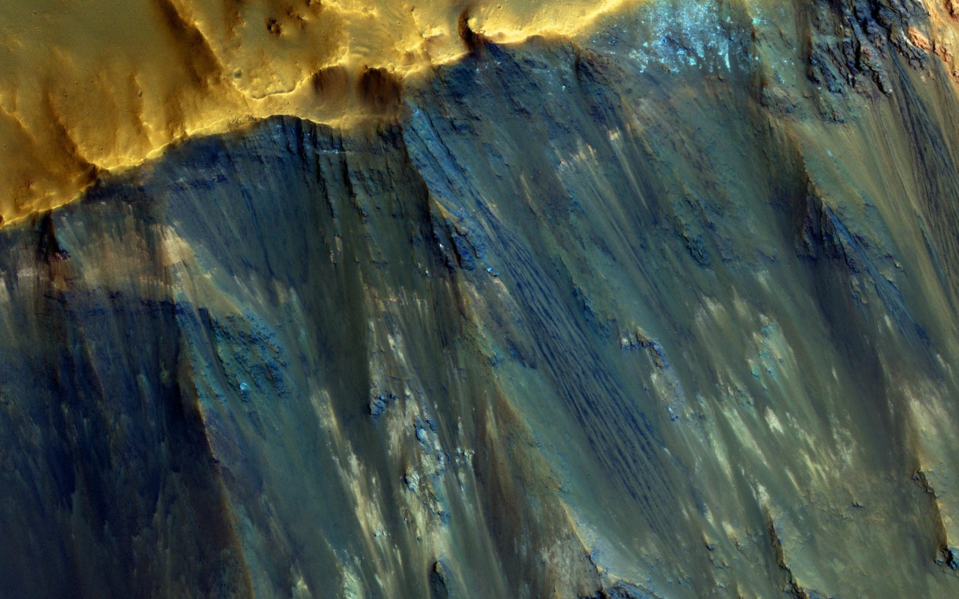 A view inside an impact crater on Mars.