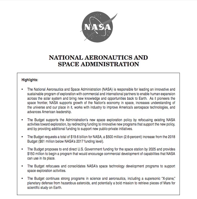 The Trump administration's summary of its NASA budget proposal.