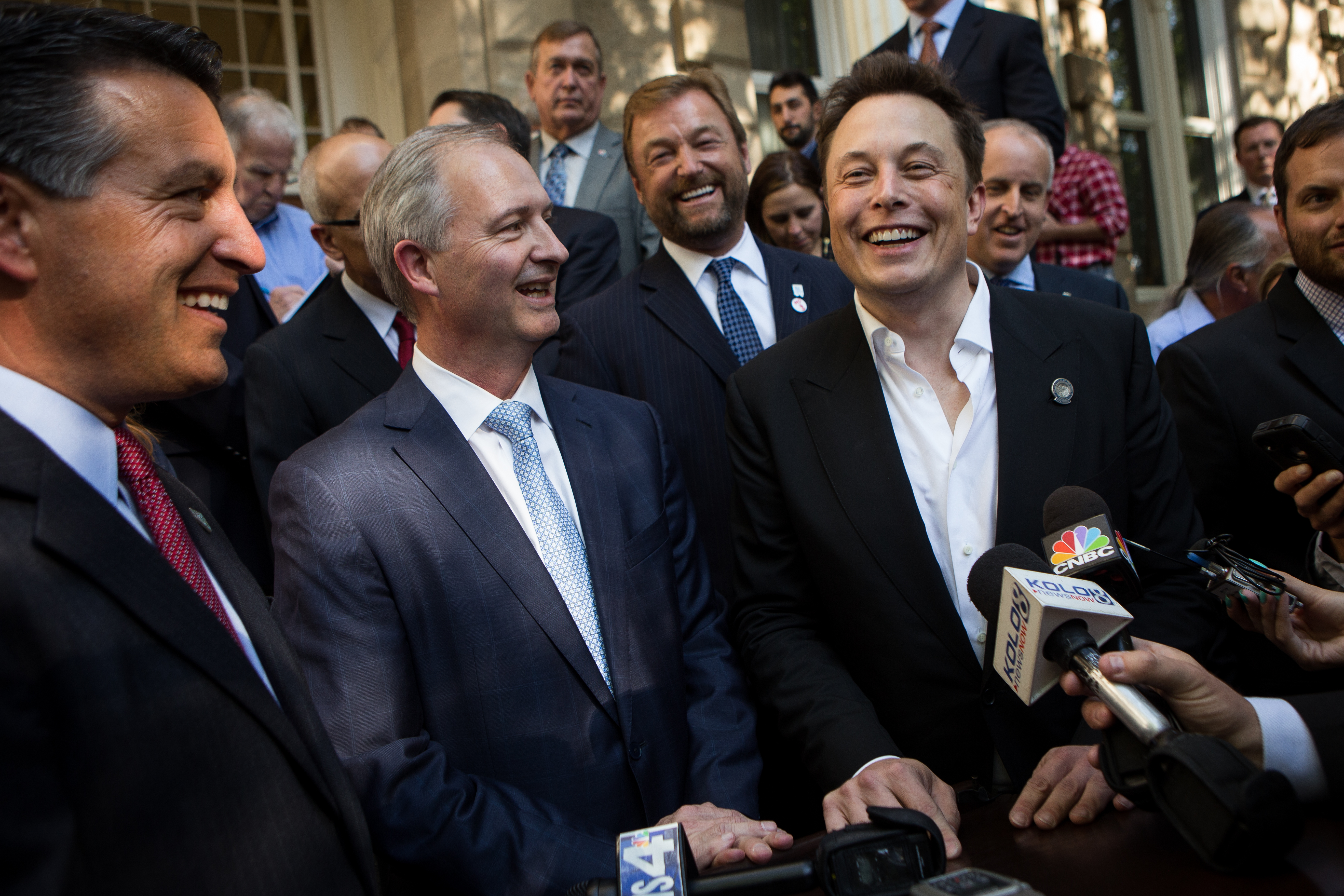 Elon Musk, CEO of Tesla Motors, speaks to the media after a press conference at the Nevada State Capitol, September 4, 2014 in Carson City, Nevada. Musk and Sandoval announced a plan to build a Tesla Gigafactory in Nevada to produce batteries for electric vehicles providing 6,500 jobs to the state.