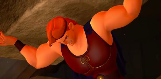 Hercules holds up a crumbling wall when Sora comes to visit in 'Kingdom Hearts III'.