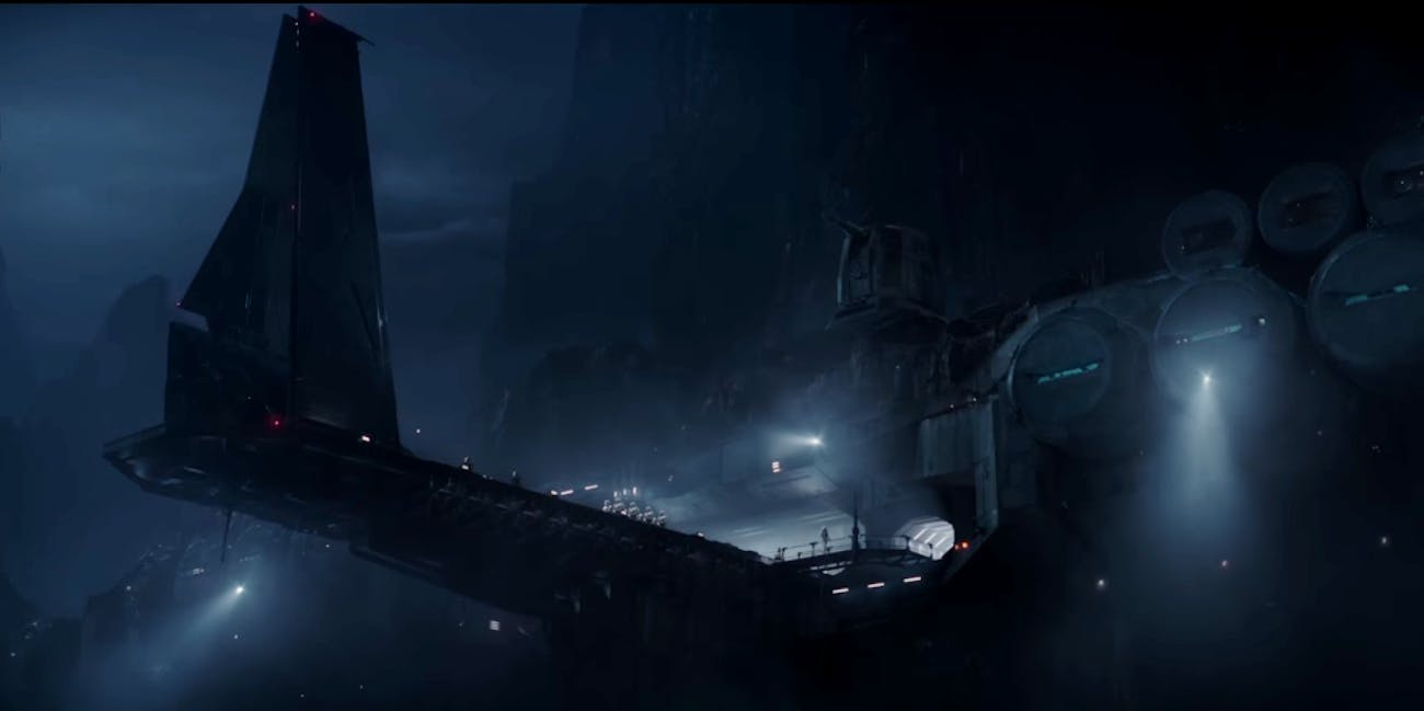 Palpatine's scientific research base emerges from the fog of Eadu in Rogue One