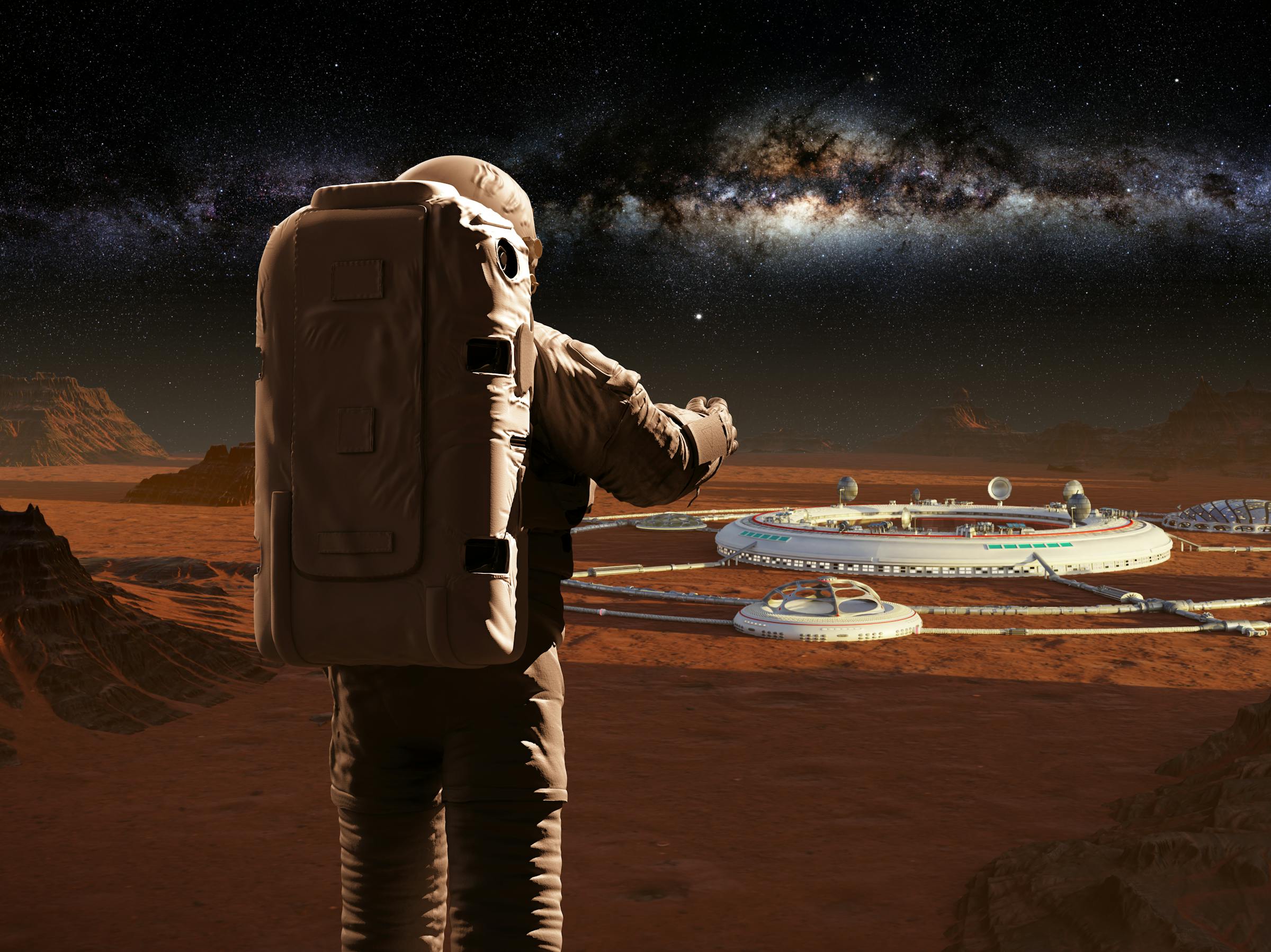 astronaut on planet Mars, looking at a martian city (3d science illustration)