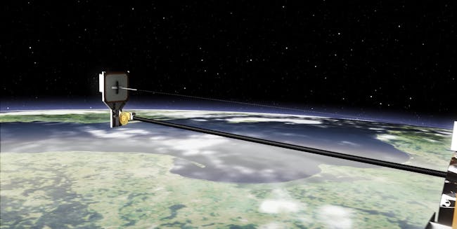 Simulation of RemoveDebris hitting its bullseye with its harpoon.