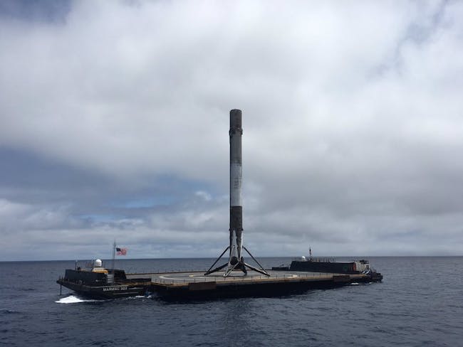 The rocket that will launch on Sunday seen here in this photo from August 2017 on the deck of 'Just Read the Instructions' after it returned to Earth.