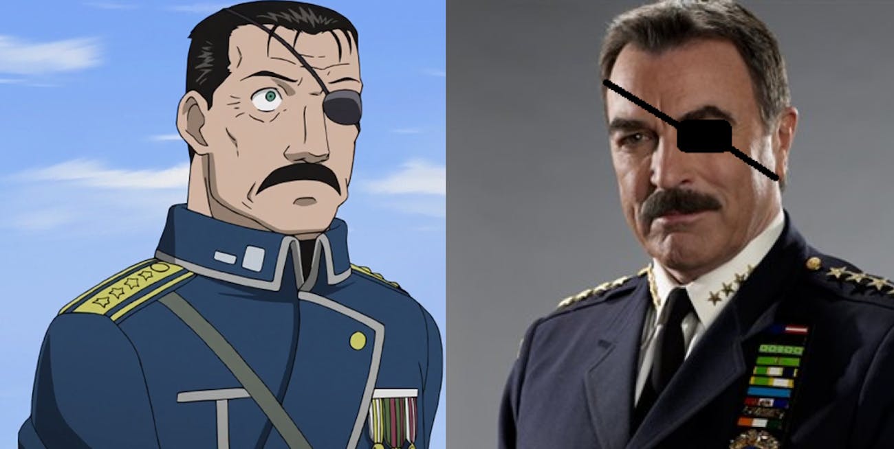 It might be hard to tell which is which, but on the left is Fuhrer Bradley from 'Fullmetal Alchemist' and on the right is actor Tom Selleck.