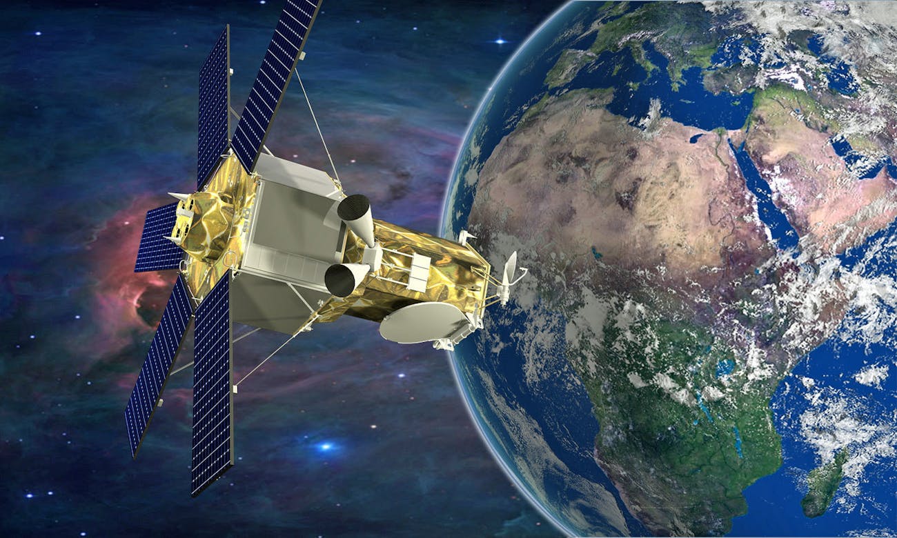 Artist rendition of the WorldView-4 satellite looking at the Earth.