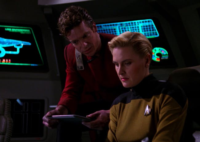 Tasha Yar, getting ready to go back in time AND cross dimensions in 'Yesterday's Enterprise."