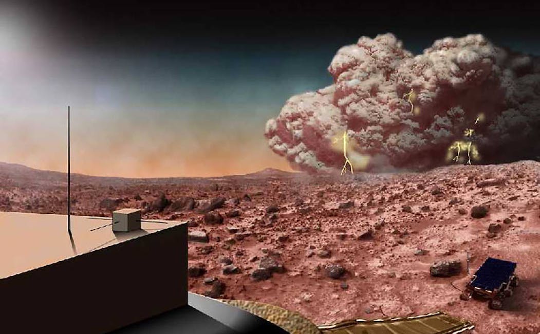 An artist's illustration of a dust storm on Mars.
