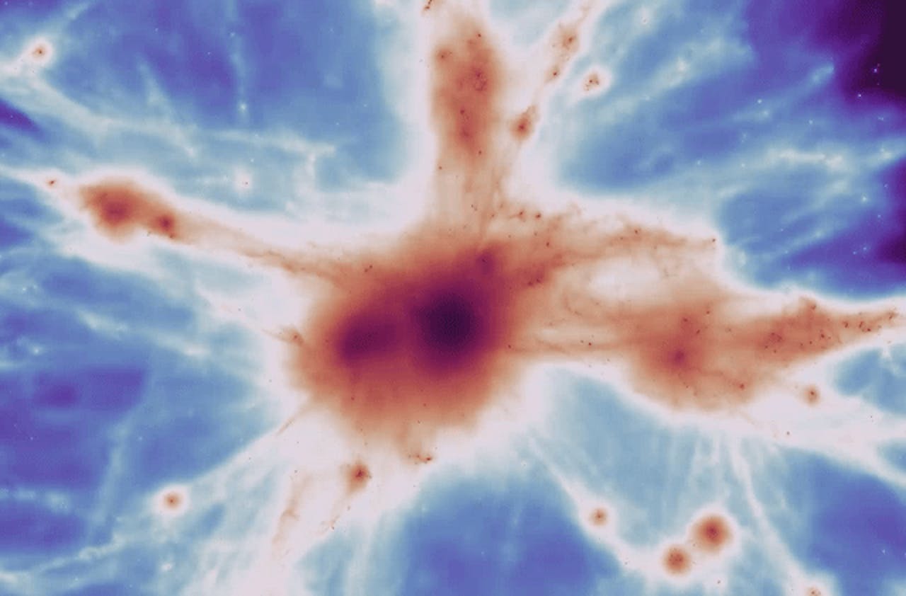 This movie shows a galaxy cluster from the C-EAGLE simulation, providing a view of a region comparable to the one where the filaments have been detected. The color map represents the same emission from the gas filaments as the one detected in observations,. At the convergence of these filaments, a massive cluster of galaxies are assembling.