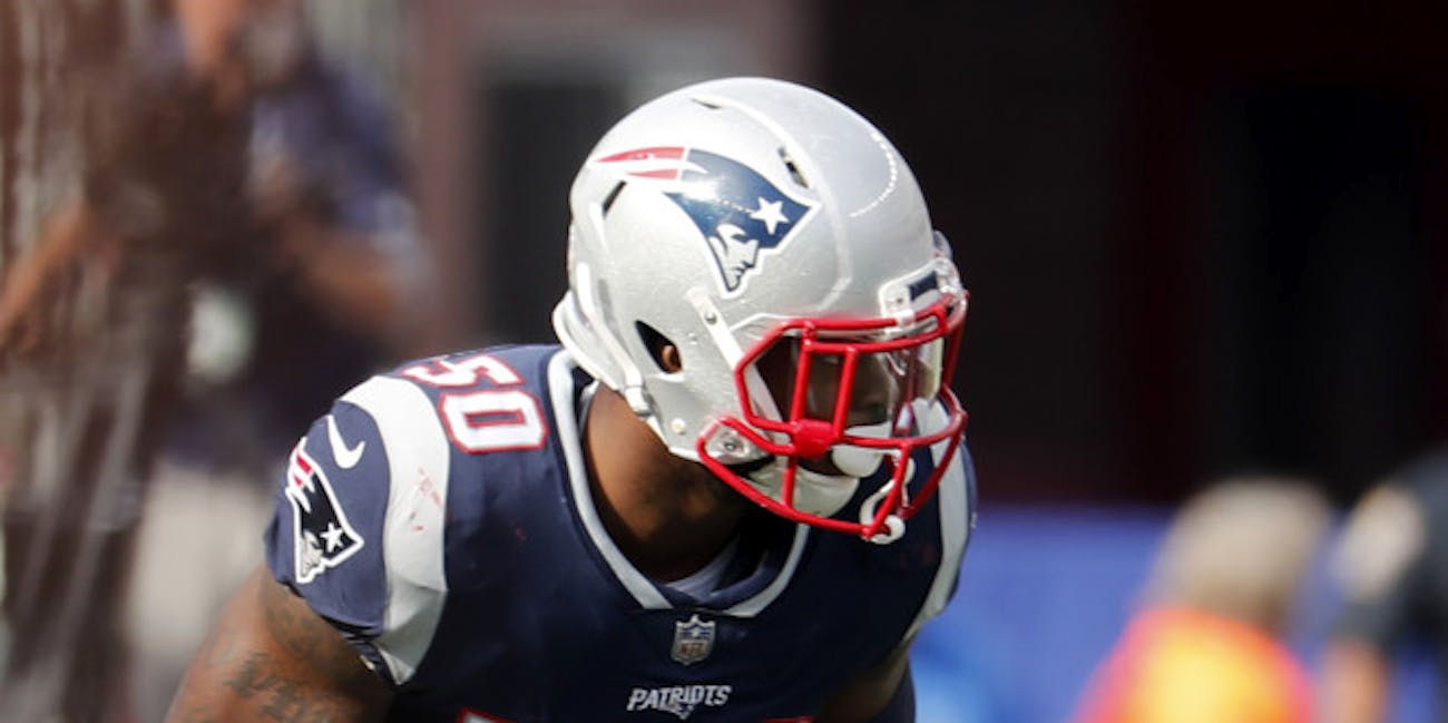 p.p1 {margin: 0.0px 0.0px 0.0px 0.0px; font: 18.0px Georgia} New England Patriots linebacker Nicholas Grigsby (50) waits for the kick during a game between the New England Patriots and the Miami Dolphins on September 30, 2018, at Gillette Stadium in Foxborough, Massachusetts. The Patriots defeated the Dolphins 38-7.