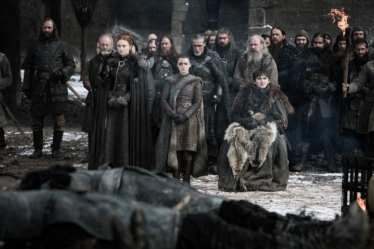 In this photo from Episode 4, Arya Stark sports injuries from the Battle of Winterfell.