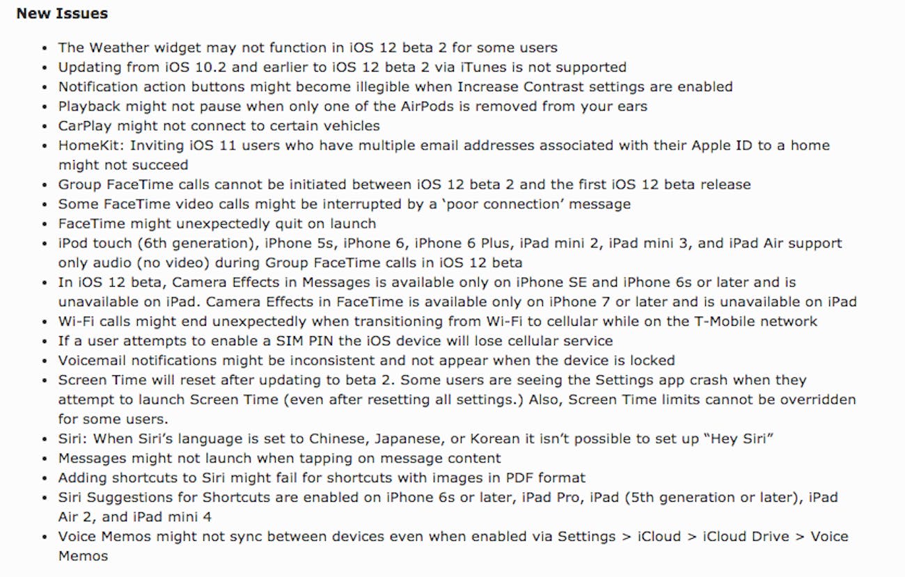 apple iphone ipad ios 12 beta bugs list glitches issues