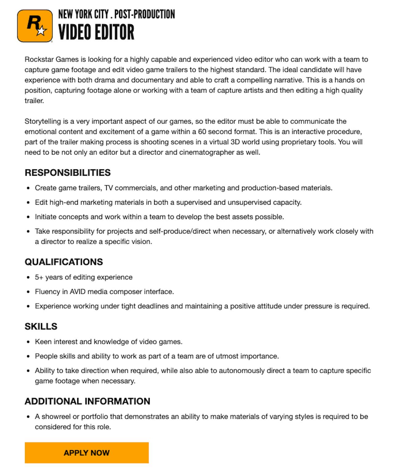 rockstar games video editor job listing gta 6 rumor