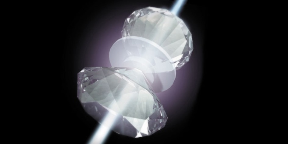 Rendering of metallic hydrogen pressurized between diamonds.