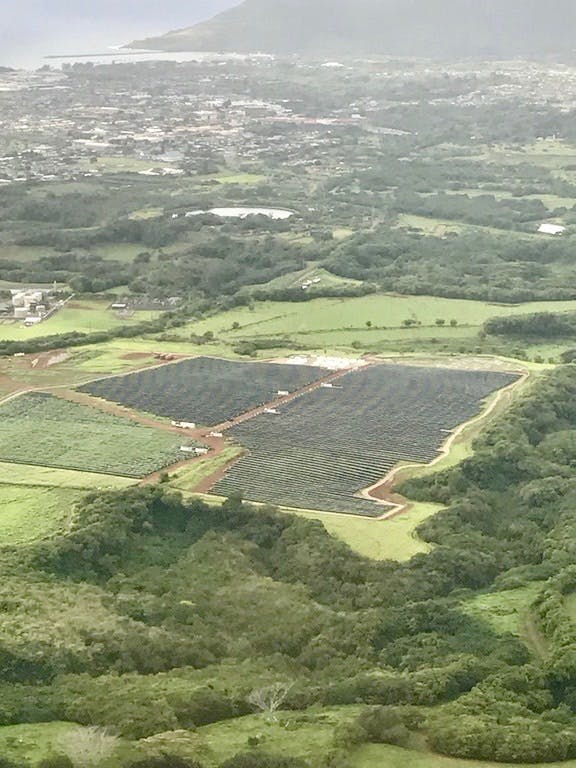The solar farm nestled in the hills.