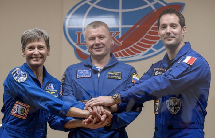 NASA astronaut Peggy Whitson, Russian cosmonaut Oleg Novitsky, and French astronaut Thomas Pesquet launched to space today.